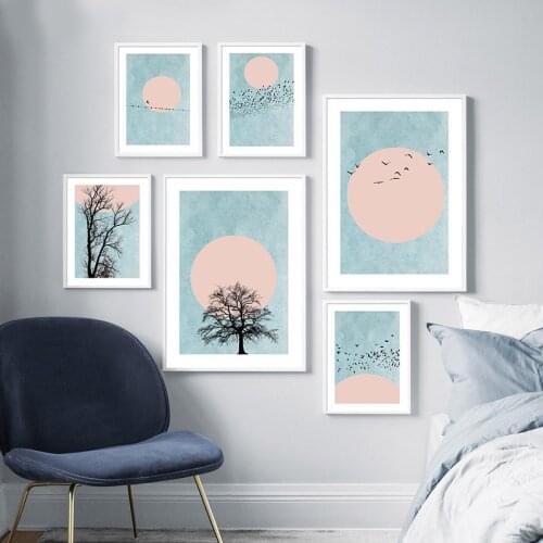 Abstract Nordic Canvas Painting Tree Bird Sunset Poster and Print Modern Scandinavian Home Decoration Wall Art Picture