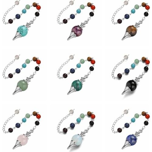ASHMITA Natural Stone Sphere Yoga Pendulum 18MM Stone Balls Pendants with 7 Chakra Crystal Gems Stones Chain for lucky birthday