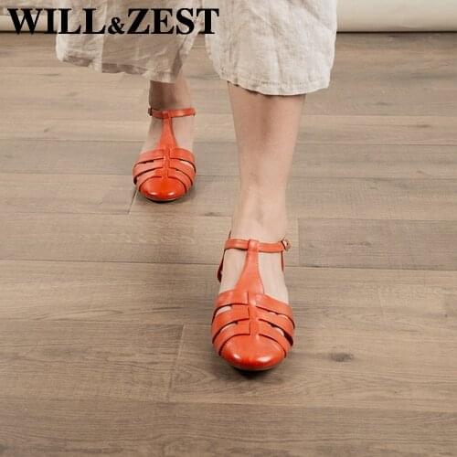 WILL&ZEST Full Genuine Leather Vintage Flat Sandals T-Strap Womens Mary Jane Nursing Gladiator Low Heel Female Designer Shoes