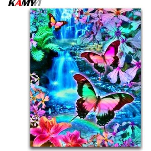 Color butterfly Full round Diamond painting Cross stitch waterfall landscape square Diamond mosaic 5D Diamond embroidery flowers
