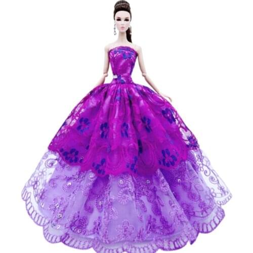 Elegant Purple Floral Princess Dress For Barbie Doll Clothes Off Shoulder Lace Wedding Party Gown 11.5" Doll Accessory Kids Toys