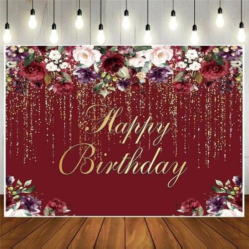 Happy Birthday Party For Women Lady Girl Background Burgundy Red Flowers Golden Glitter Floral Photography Backdrop Decorations
