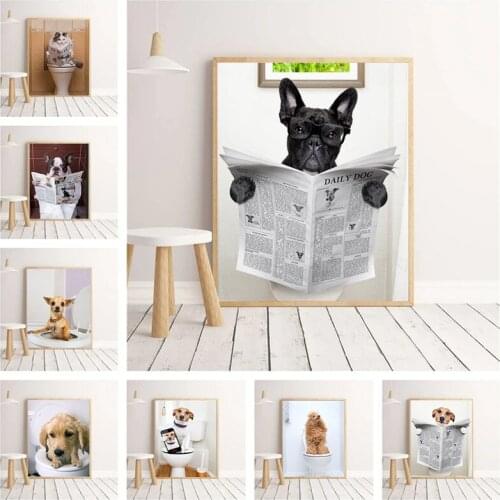Toilet Animal Dog Creative Hanging Canvas Painting Modern Wall Art Picture Poster Print for Personalized Pet Shop Decoration