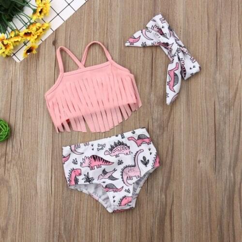 Summer Infant Kids Baby Girl Dinosaur Tassel Swimwear Suit Beach Outfits Three-Piece 0-24M