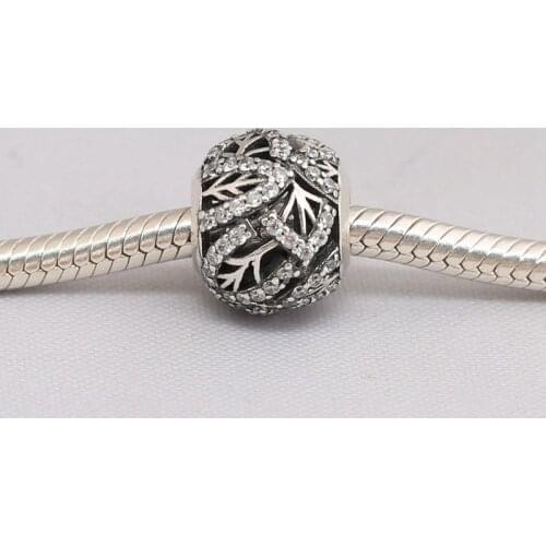 S925 Silver Bead Charm Openwork Pave Cross Tree Leaves With Crystal Bead fit Lady Bracelet Bangle DIY Jewelry