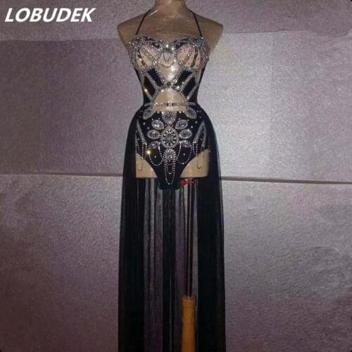 Sexy Hollow Out Full Rhinestones Bodysuit Black Mesh Trailing 2 Pieces Set Dance Costume DJ Female Singer Bar Nightclub Clothes