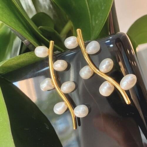 Women real gold plated natural pearl classic deisgner earrings stud with 925 silver pin