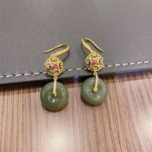 Sterling Silver S925 Inlaid Natural Hetian Gray Jade Safety Buckle Earrings Lucky Simple Hollow Elegant Retro Style