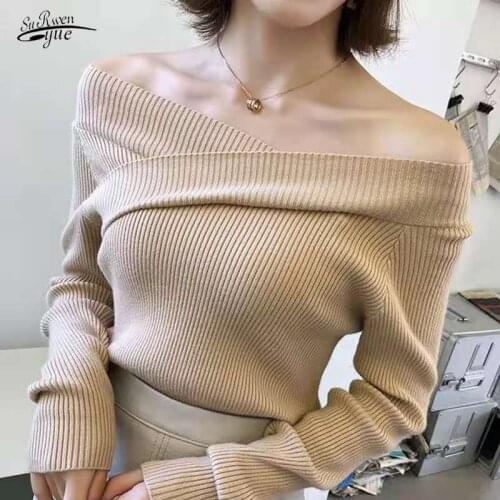 Womens Sweater Korean Bottom Knitwear Long-sleeved Tops Off-the-shoulder Slim Sweater Woman 2021 Autumn and Winter New16035
