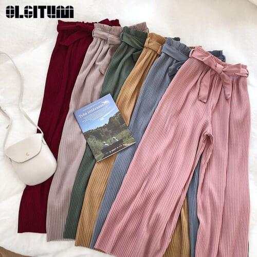 2019 Spring Solid Color Pleated Wide-Leg Pants Casual Drape Straight High Waist Wide-Leg Pants Ladies' Trousers Clothing