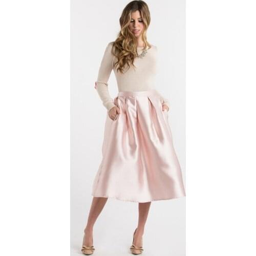 Bright Color Pink Satin Midi Skirts Women Custom Made Zipper Band Waistline A Line Mid Calf Skirt With Pockets Pleats Skirt
