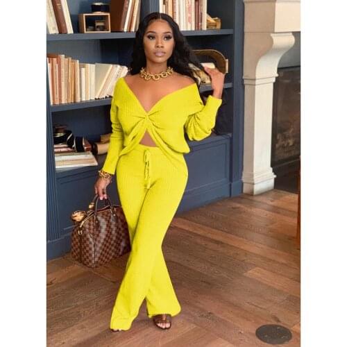 New Autumn Women Rib Knit 2 Piece Set Deep V-neck Twist Knot Hem Long Sleeve Top+Drawstring Wide Leg Long Trousers Bucket Pants