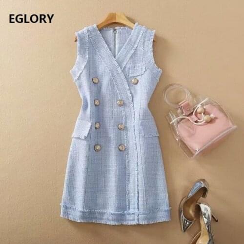 High Quality Wool Dress 2021 Spring Autumn Blue Dress Women V-Neck Golden Button Deco Sleeveless Wool Blends Dress Vestidos