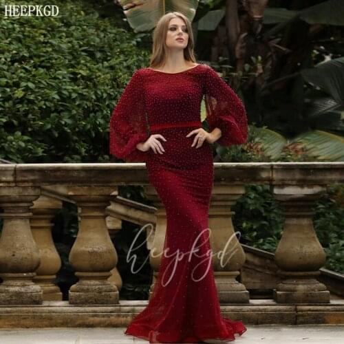 Long Sleeves Burgundy Mermaid Evening Dress With Pearls Tulle Long Elegant Formal Dresses Plus Size Prom Gowns Robe De Soiree
