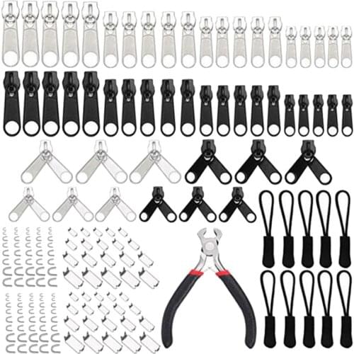 183Pcs Zipper Repair Kit Replacement Full Set Zipper Pull Puller Kit with Install Plier Tool - Silver and Black