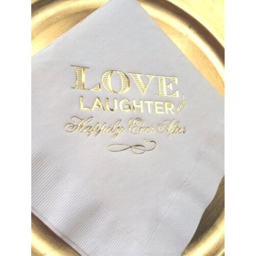 50 Personalised White Metallic Gold Foil Lunch Luncheon Napkins 3 Ply Love Laughter & Happily Ever After Bridal Shower Wedding