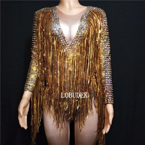 Sparkly Rhinestones Gold Sequins Tassels Jumpsuit Bar Rompers Lady Singer Sexy Fashion Stage Wear Jazz Dancer Nightclub Costume