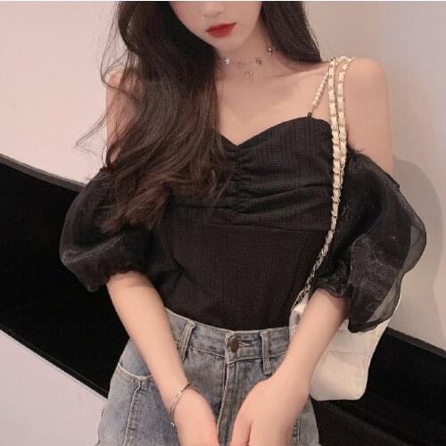 Pleated Mesh Women Puff Short Sleeve Summer Blouses Black Off Shoulder Lady Sexy Blouse V Neck Strap Elegant Vintage Blusa Top