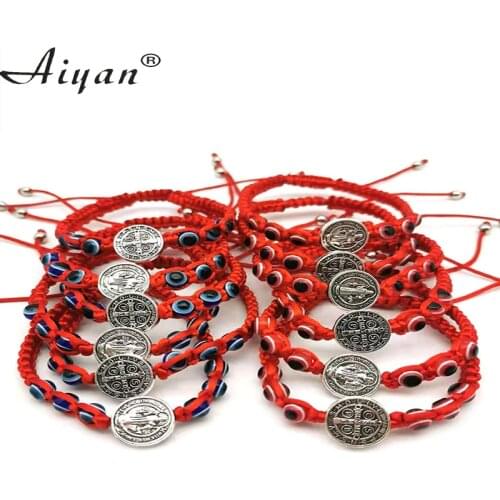 12Pieces Religious 1.5cm Alloy Saint Benedict And Resin Eyes Woven Bracelets Men Or Women For Prayer To Protection As Gifts
