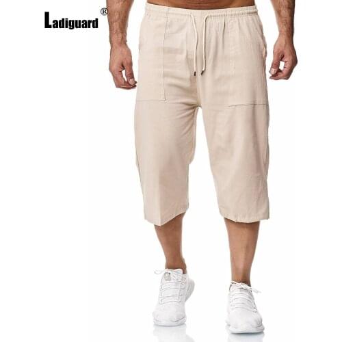 Ladiguard Mens Cotton Linen Pants 2021 Summer Calf-Length Pants Male Drawstring Trousers Khaki Black Outdoor Casual Pantalon