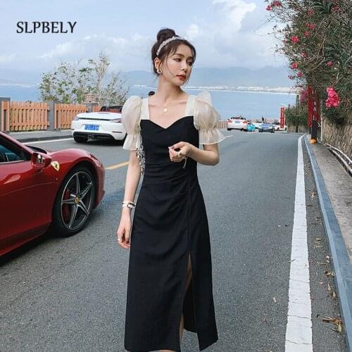 SLPBELY Black Elegant Slit Dress Summer French Hepburn Square Collar Puff Sleeve Long Dress Fashion Sundress Party Mini Dress