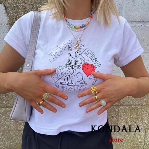 KONDALA Za Cute Carton Rabbit Print Short Tshirts Girls Slim Strentched Streetwear Summer Fashion 2021 Chic Cropped Mujer Tops