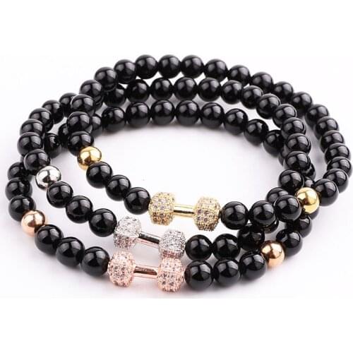 JARAVVI Classic Design Natural Stone Onyx CZ Barbell Beaded Elastic Bacelet Men Women Jewelry Gift