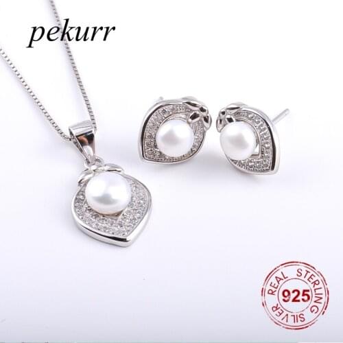 Pekurr 925 Sterling Silver Zircon Plump Strawberry Freshwater Natural Pearl Earrings Necklace Sets For Women Party Pendants