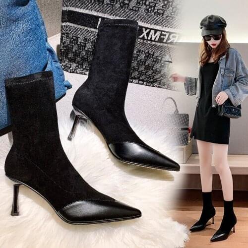 Korean version of new suede middle heeled boots web celebrity lean boots pointy slim-heeled elastic boots womens shoes
