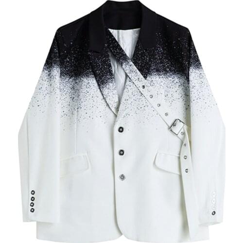 2021 Spring Autumn New Women Casual Gradient Spliced Belt Blazer Lapel Long Sleeve Loose Suit Jacket Fashion Ladies Tide G1243