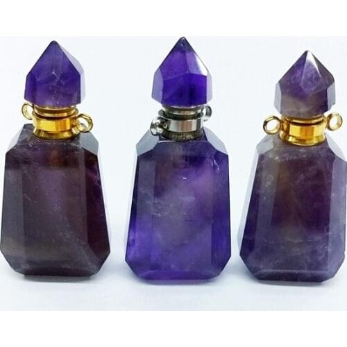 Natural Amethysts Essential Oil Diffuser pointed cover Perfume Bottle Pendant vial purple Necklace healing crystal jewelry