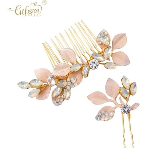 Delicate Opal Headpiece Rose Leaf Design Wedding Jewelry Bridal Hair Comb Hairpins Dress Accessories