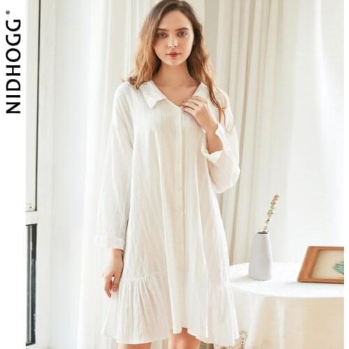 Womens Cotton Long Sleeve Nightdress White Sleeping Dress Jacquard Lapel Boyfriend Shirt Vintage Nightgowns Sexy Night Dress