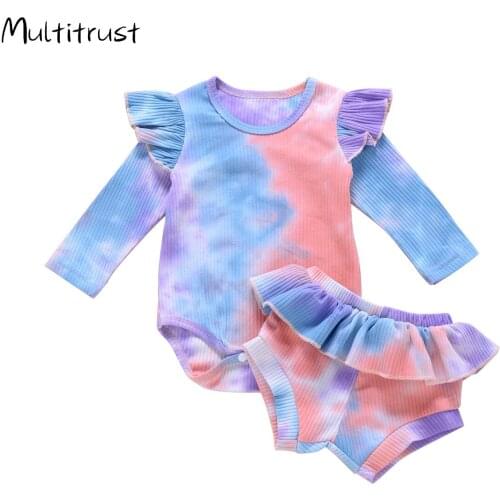 Baby Girls Clothes 2020 Autumn Toddler Newborn Baby Girls Tie Dye Knitted Ruffled Long Sleeve Romper+Tutu Shorts Pants