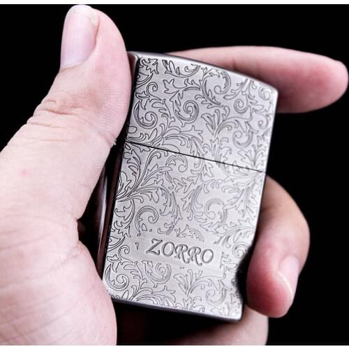 Genuine ZORRO old-fashioned retro kerosene lighter Tang grass ancient silver carving creative windproof mens smoking gift