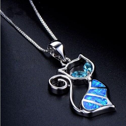Bohemian Style Zinc Alloy Blue White Orange Imitation Fire Opal Cat Pendant Necklace Women Fashion Wedding Animal Jewelry