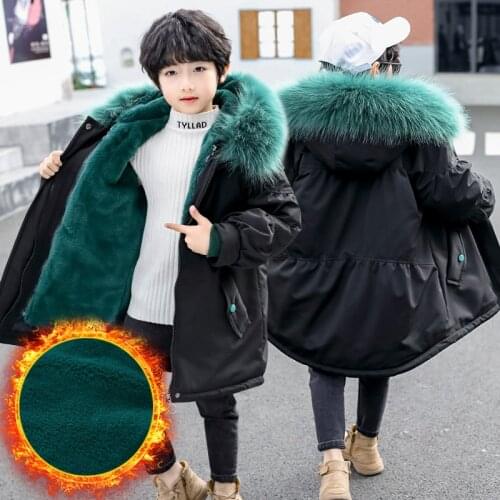 Boys winter coat Russian winter cotton clothing hood thickened trench 4-13 years old long coat Large fur collar detachable liner