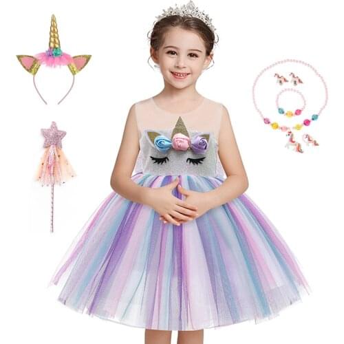 2021 Girls Summer New Style Unicorn Sleeveless Dress with Bowknot Birthday Paty for Kids Horse Costume for Halloween 2 4 6 8 10