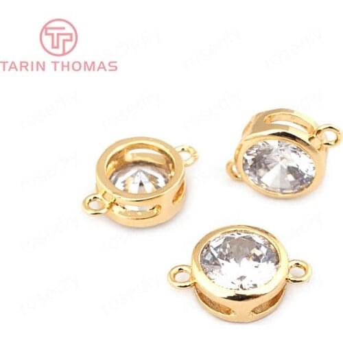 6PCS 4MM 5MM 6MM 24K Gold Color Brass Zircon 2 Holes Round Connect Charms Pendants High Quality Jewelry Findings Accessories