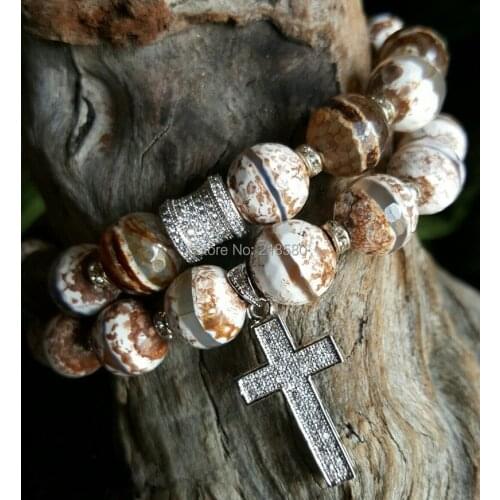 Tibetan Dzi Onyx Beads Pave CZ Tube and Cross Bracelets Set SE21583