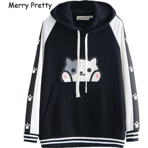 MERRY PRETTY Women Cartoon Cat Print Harajuku Hooded Sweatshirts 2020 Winter Long Sleeve White Stripe Patchwork Kawaii Hoodies