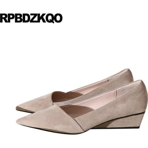 Wedge pumps high quality pointed toe medium heels suede 2019 genuine leather size 4 34 slip on designer sheepskin shoes women