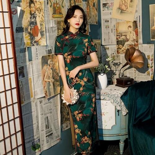 FZSLCYIYI Vintage Chinese Style Print Flower Qipao Long Handmade 8-Button Cheongsam Womens Mandarin Collar Traditional Dress