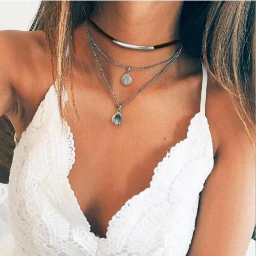 Vintage Boho Carved Shells Silver Golden Color Chokers Chain Layered Women Long Necklace Wedding Bridal Jewelry Dainty Gifts