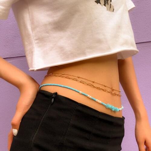 Fashion bohemian womens blue bead waist chain lanyard natural stone fine chain waist chain jewelry accessories gift wholesale