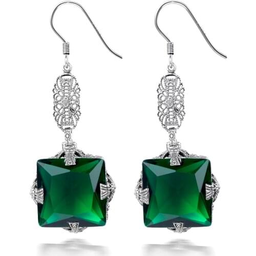 Vintage Female Earrings Silver 925 Emerald Stones Drop Long Earrings Fashion Gothic Wedding Fine Jewelry