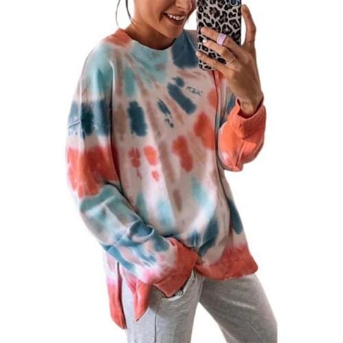 Women Fashion Long Sleeve Slit Hem Tie Dye Loose Pullover Sweatshirt Blouse