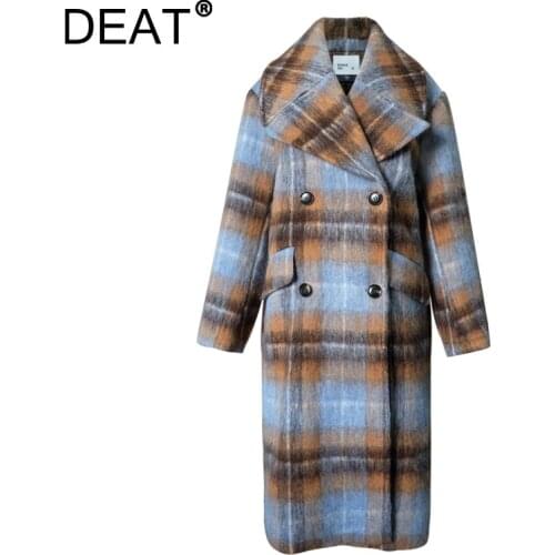 DEAT Woman Woolen Coat Plaid Wool Long Sleeve Lapel Collar Double Breasted Thick England Style 2021 New Autumn Fashion 15XM669