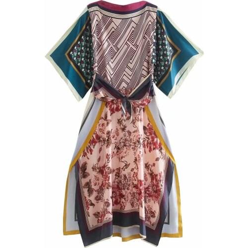 New Women Vintage Printed Contrast Dress Half Wide Sleeves Elegant Chic Lady Casual Patchwork Midi Dresses Woman Robe