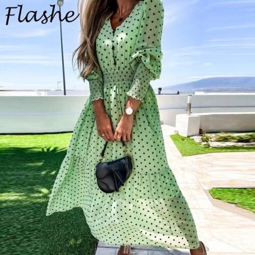 Women Vintage Dress Casual Polka Dot Print A-Line Party Vestidos Autumn High Waist Long Sleeve Mid Bohemian Dresses For Women
